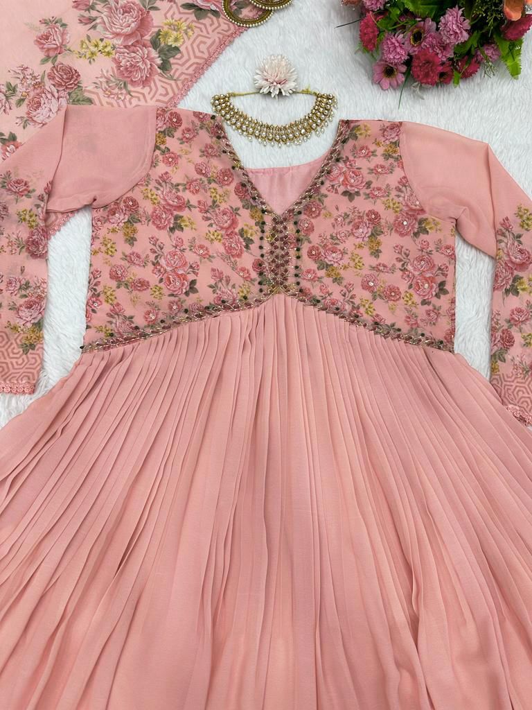 Captivating Handwork With Print  Peach Color Gown