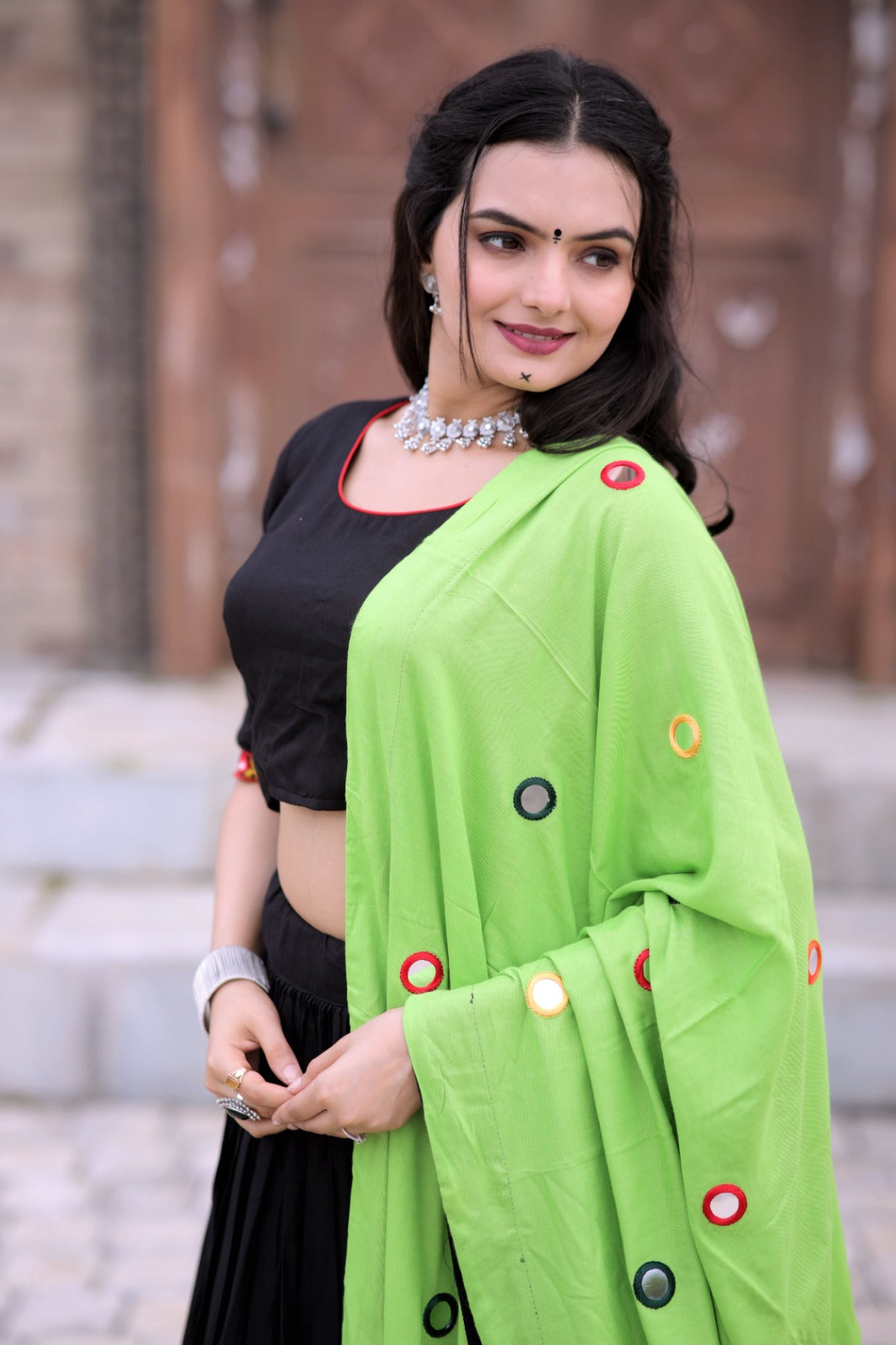 Real Mirror Work Parrot Green With Black Traditional Wear Lehenga Choli