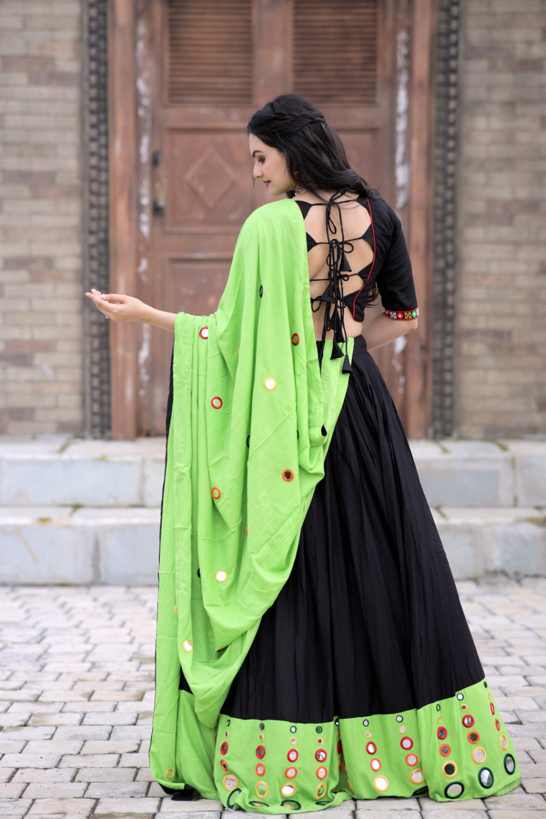Real Mirror Work Parrot Green With Black Traditional Wear Lehenga Choli