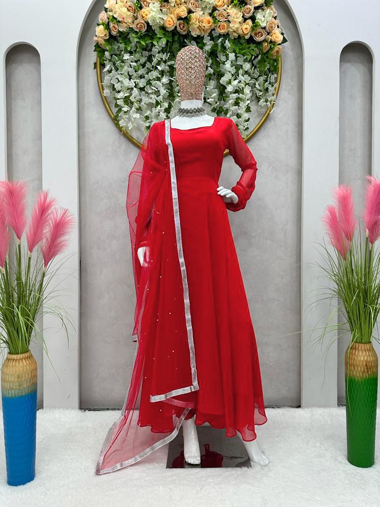Mesmerizing Plain Red Color Gown With Net Dupatta