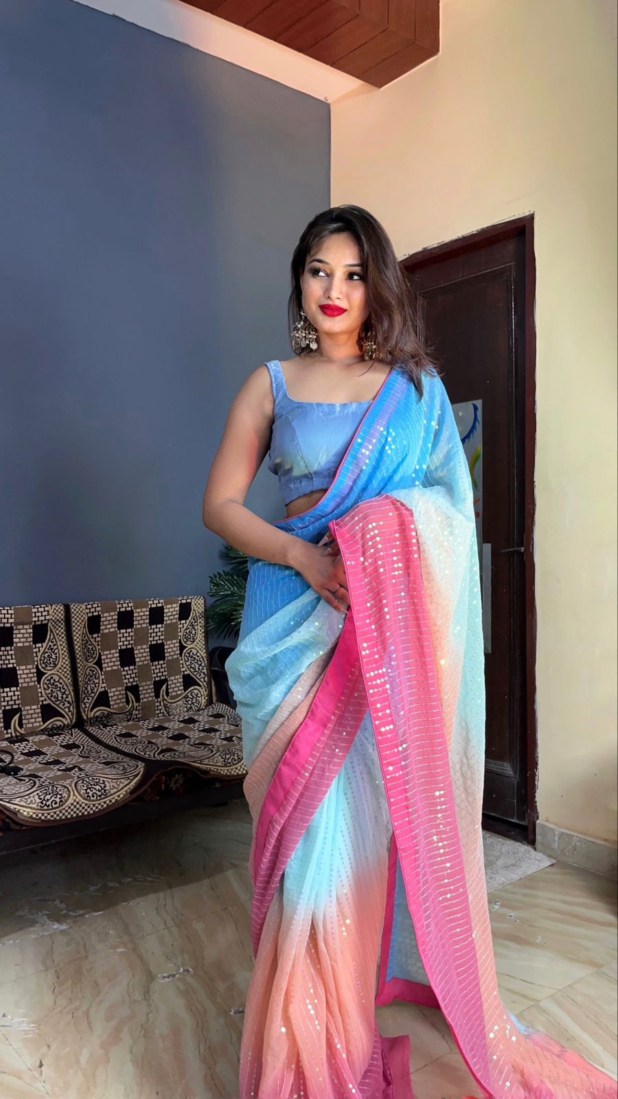 Ready To Wear Multi Color Sequence Work Saree