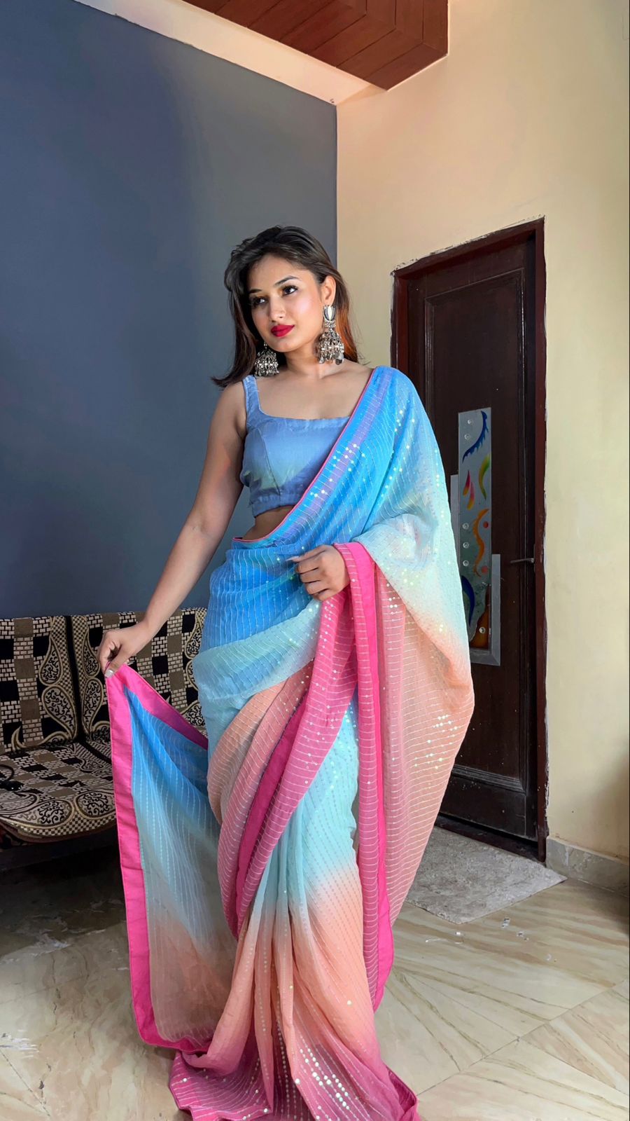 Ready To Wear Multi Color Sequence Work Saree
