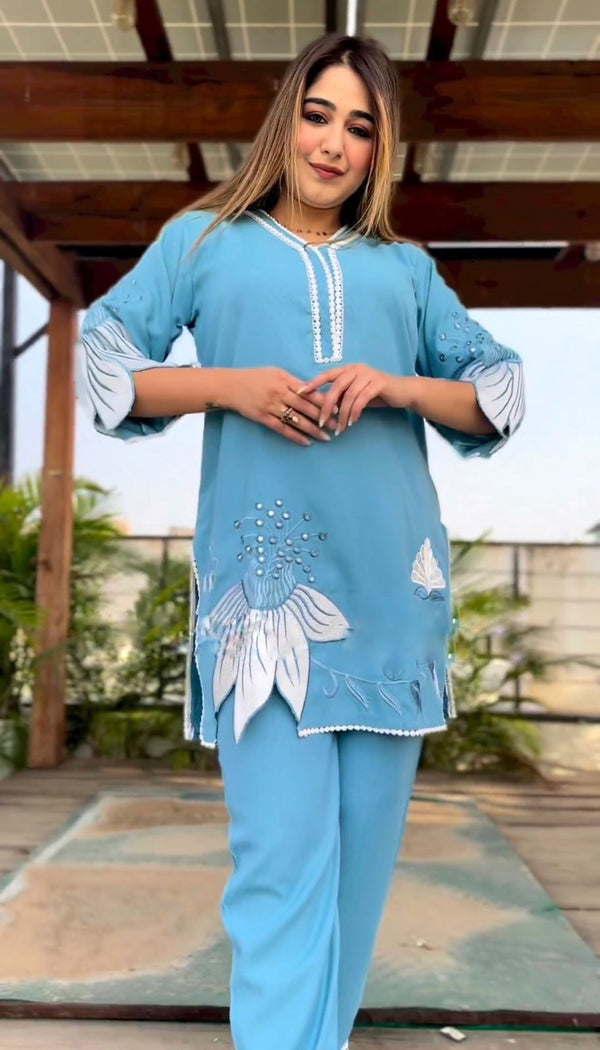 Superhit Embroidery Cut Work Sky Blue Color Cord Set