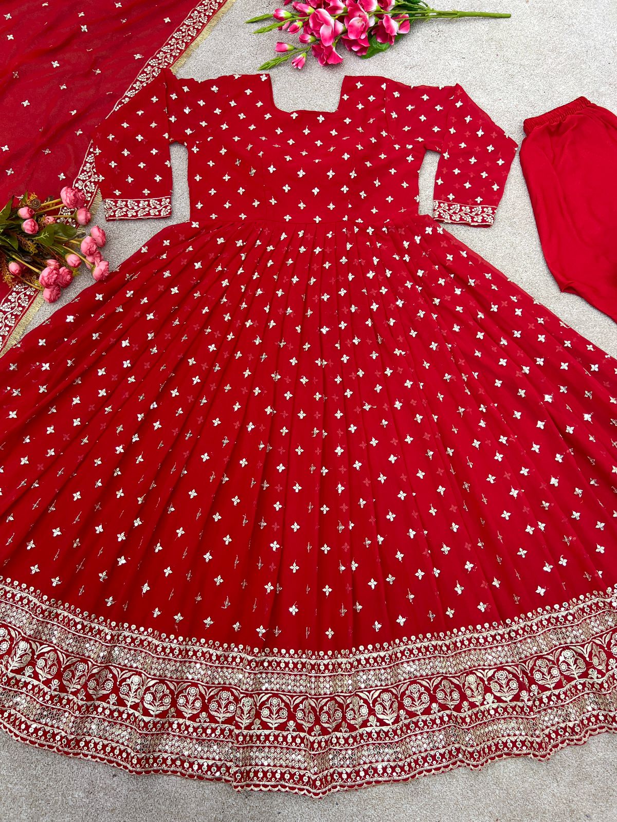 Embellished Red Color Embroidery Sequence Work Gown