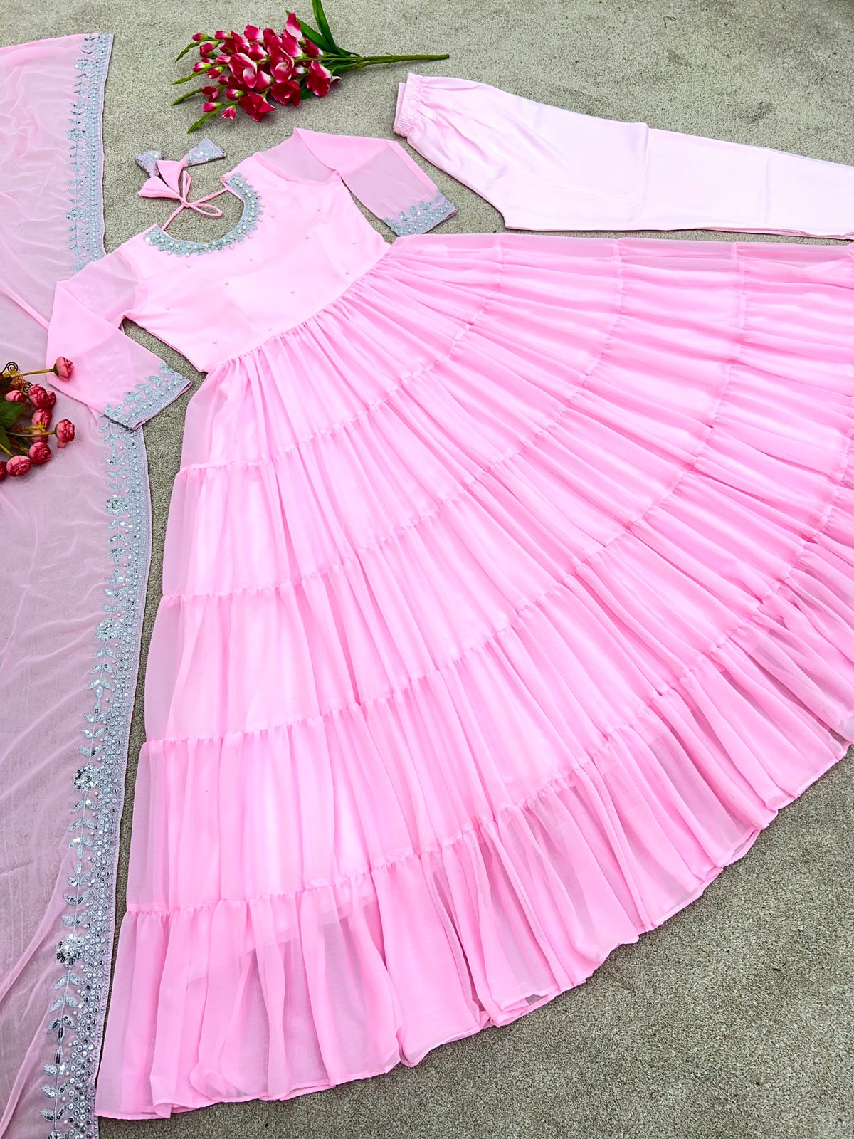 Light Pink Color Embroidery Work Ruffle Style Gown