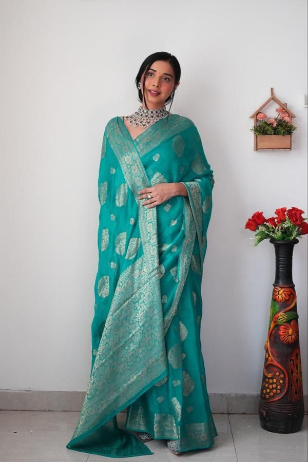 Function Wear Teal Green Color Ready To Wear Saree