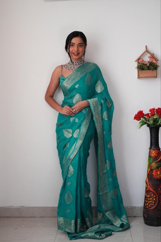 Function Wear Teal Green Color Ready To Wear Saree