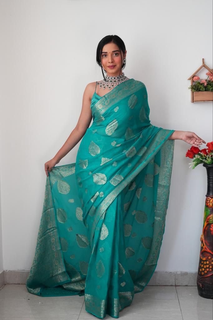 Function Wear Teal Green Color Ready To Wear Saree