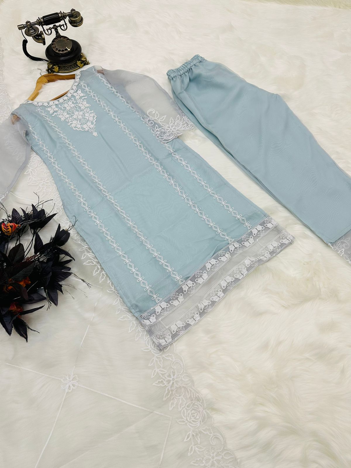 Classic Thread Work Organza Silk Sky Blue Salwar Suit
