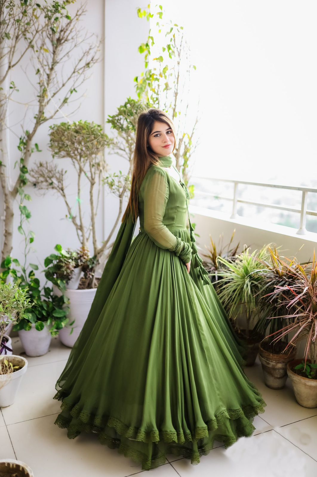 Superhit Mehendi Green Color Two Layer Gown