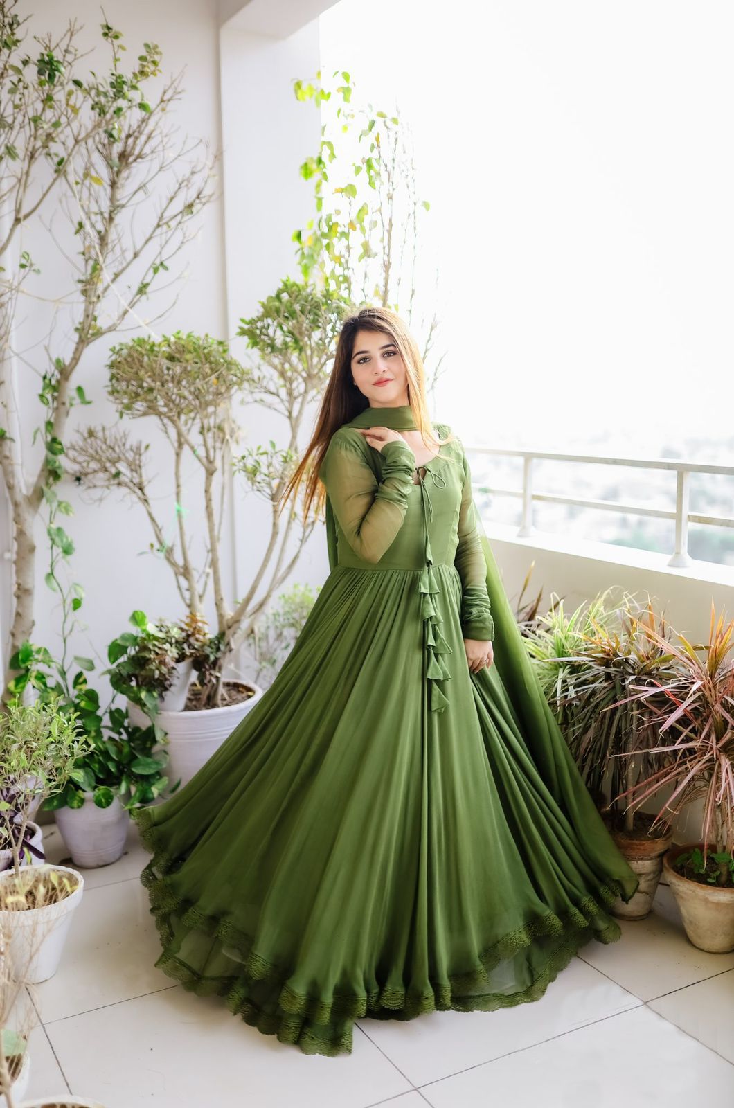 Superhit Mehendi Green Color Two Layer Gown