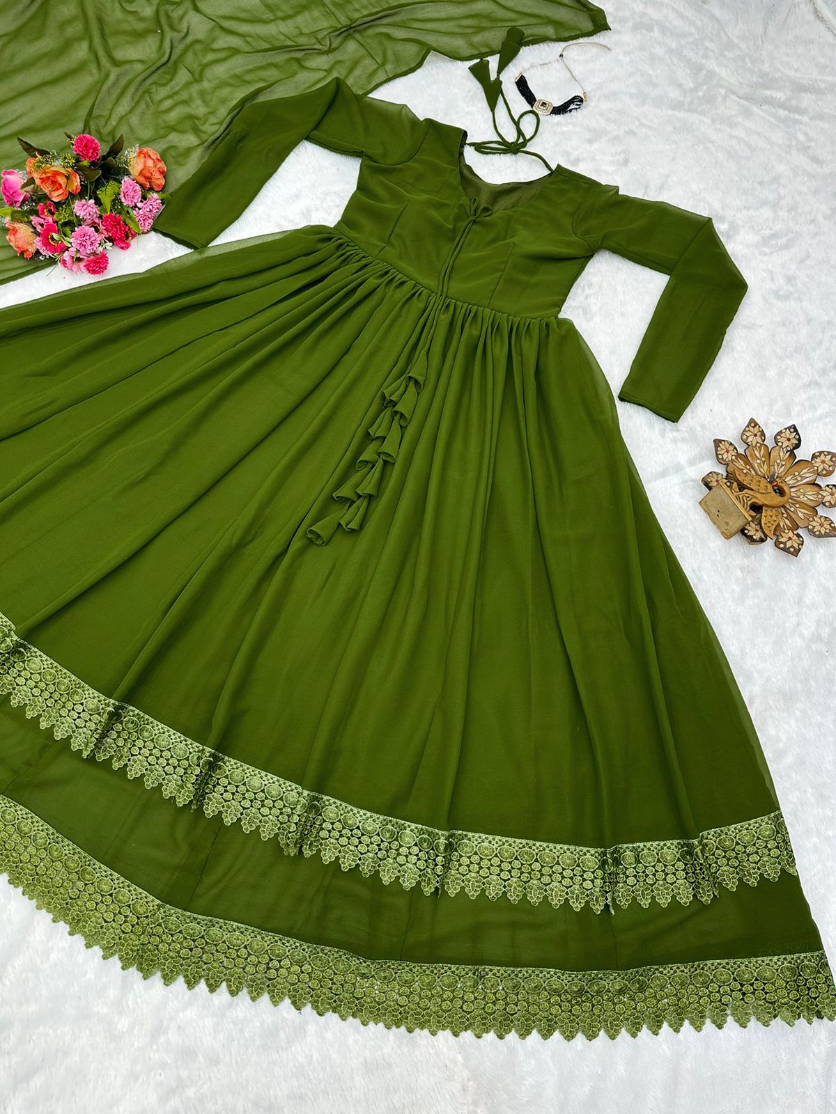 Superhit Mehendi Green Color Two Layer Gown