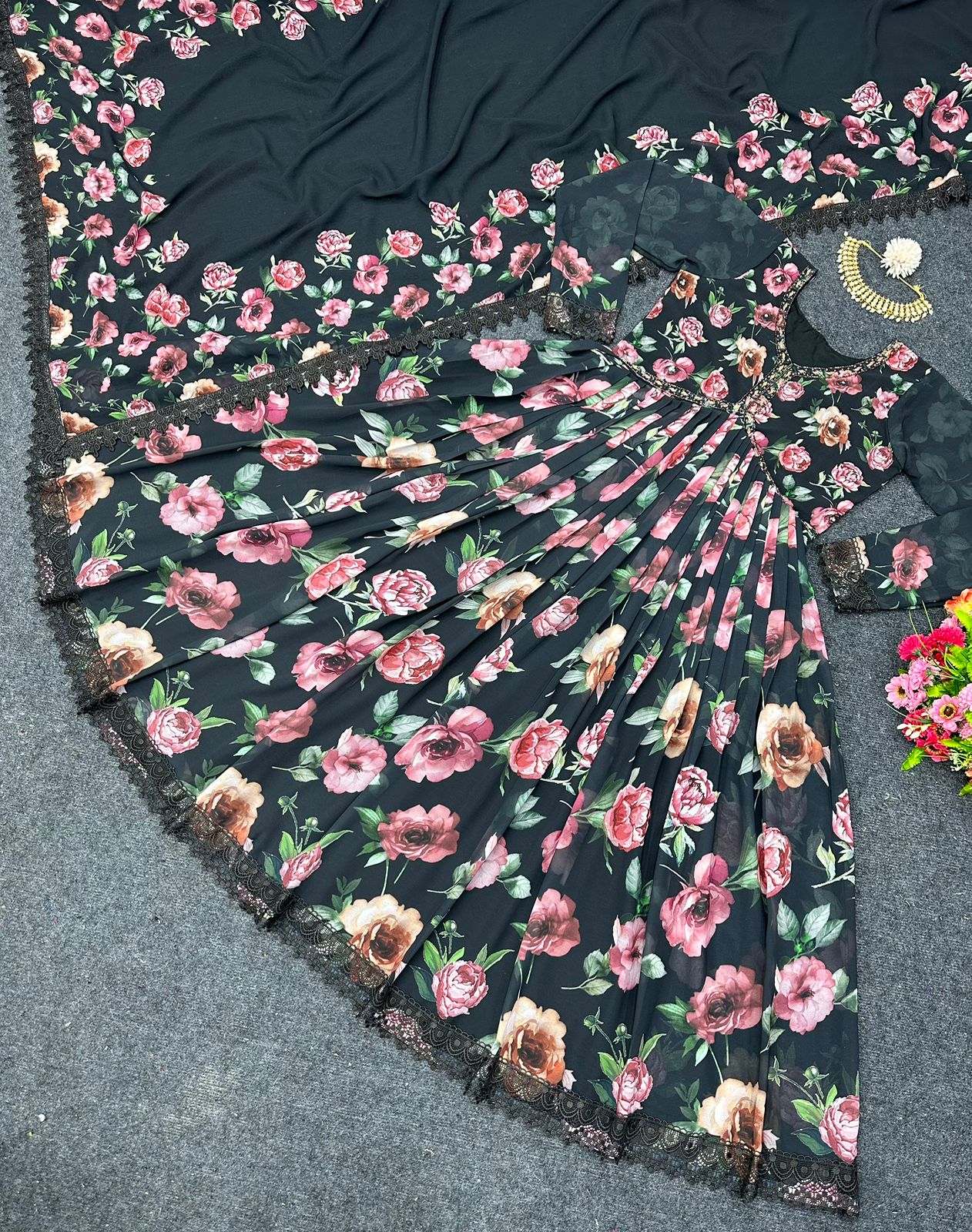 Fantastic Hand Work With Printed Black Color Gown