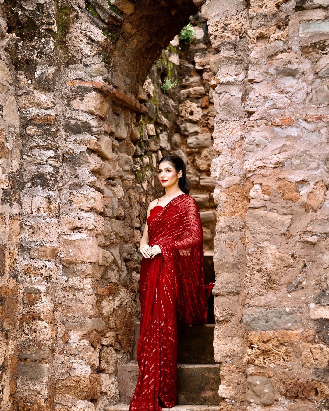 Embellished Sequence Work Red Color Saree