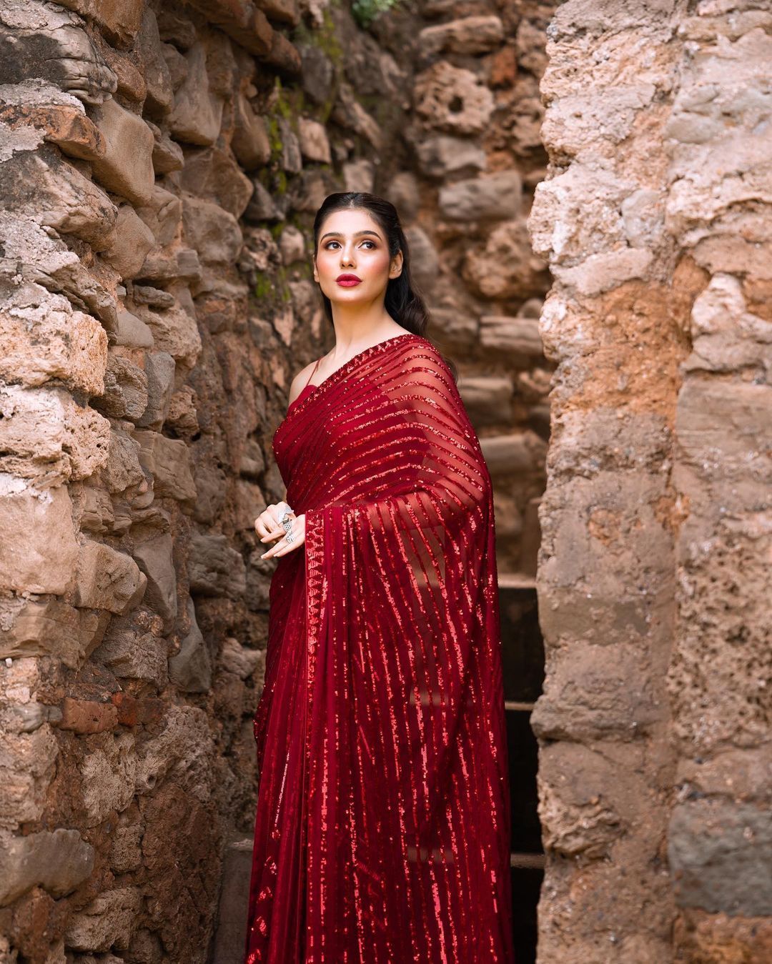 Embellished Sequence Work Red Color Saree