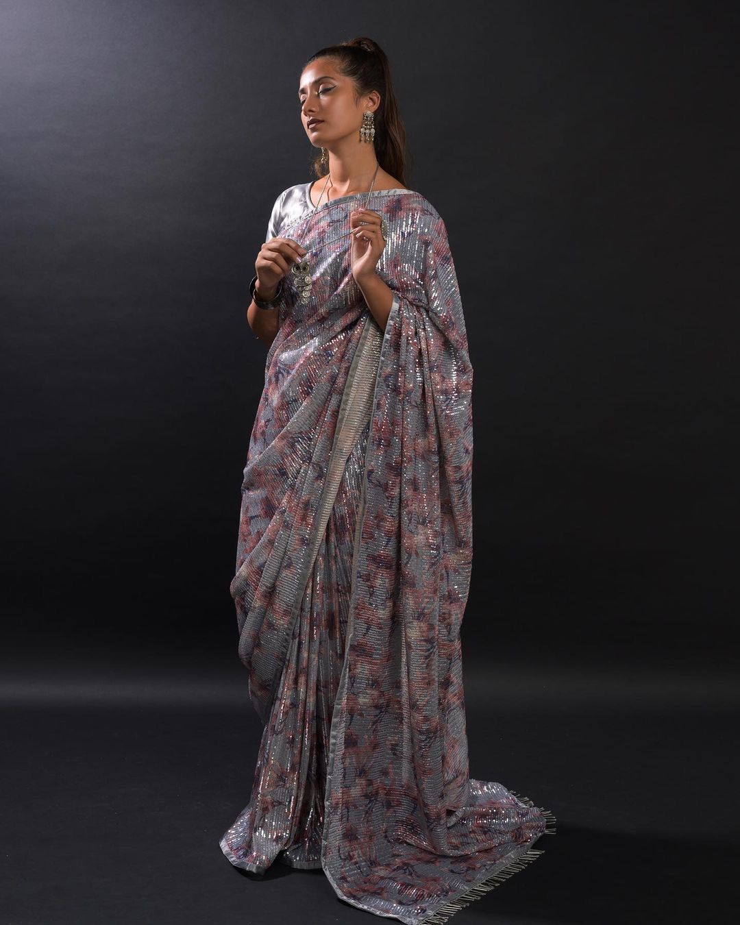 Exclusive Print With Sequence Work Grey Color Saree
