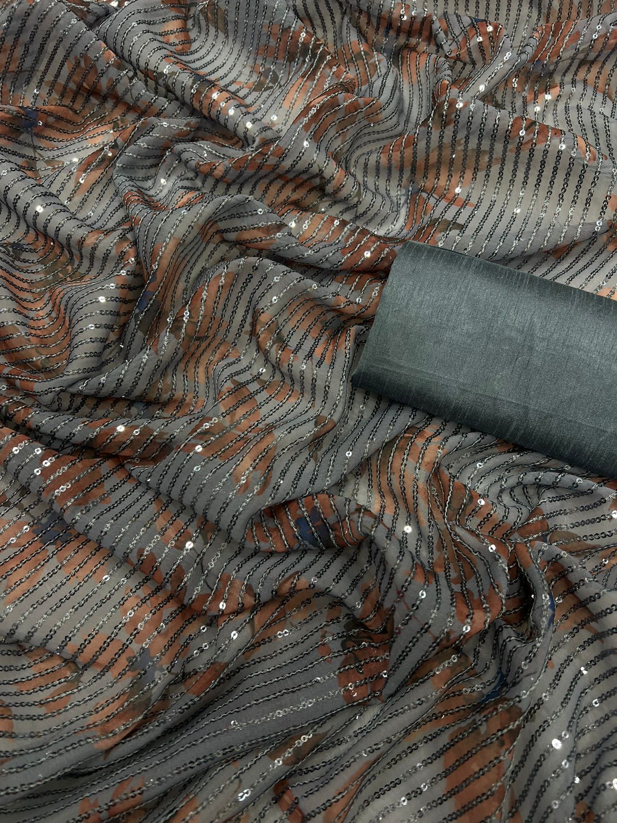 Exclusive Print With Sequence Work Grey Color Saree