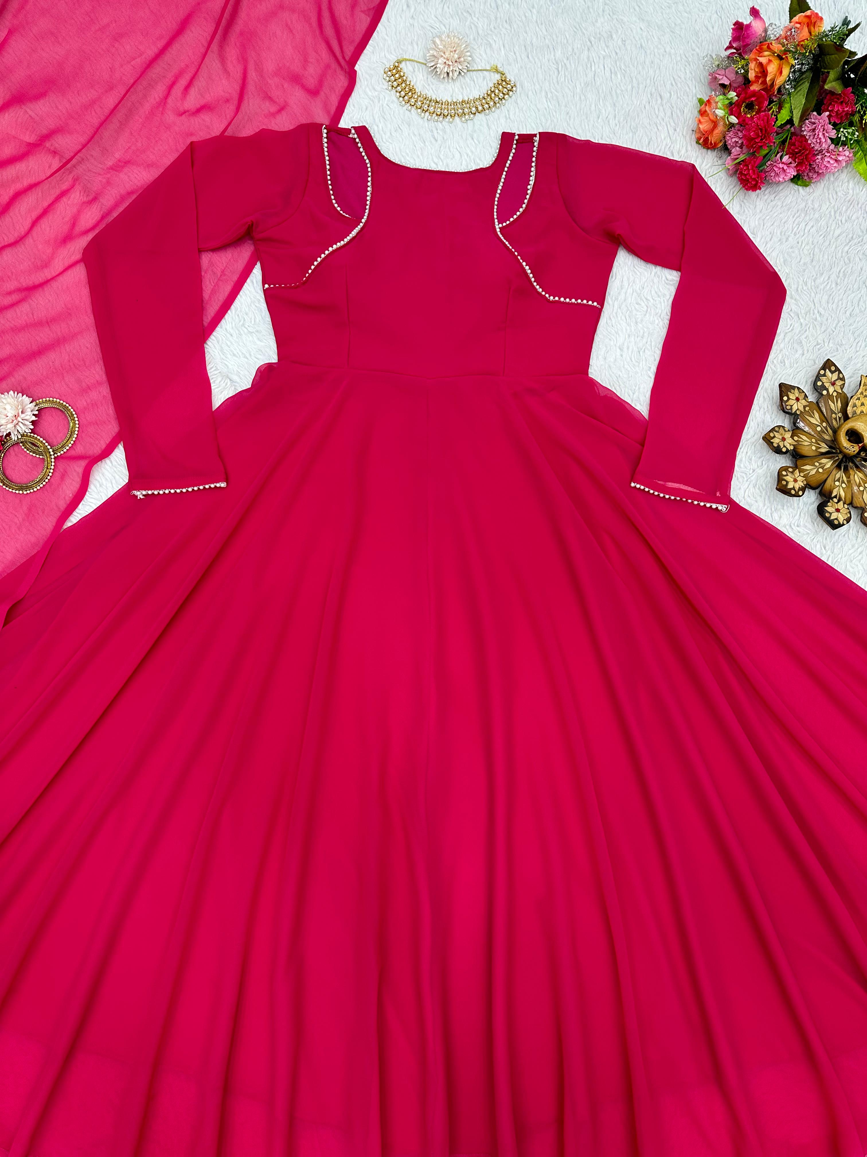 Unique Pattern Pink Color Gown With Fancy Dupatta