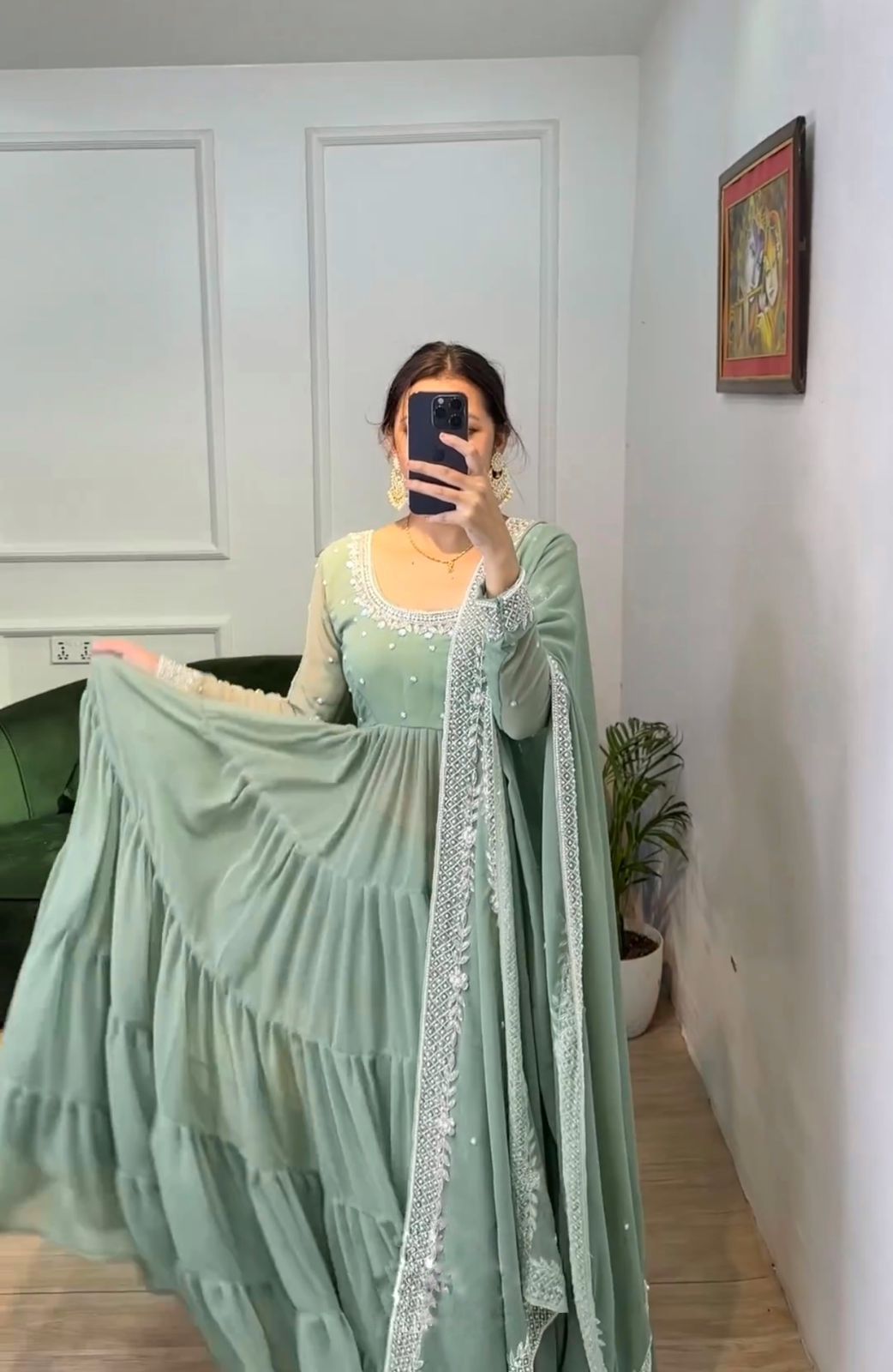 Pista Green Color Embroidery Work Ruffle Style Gown