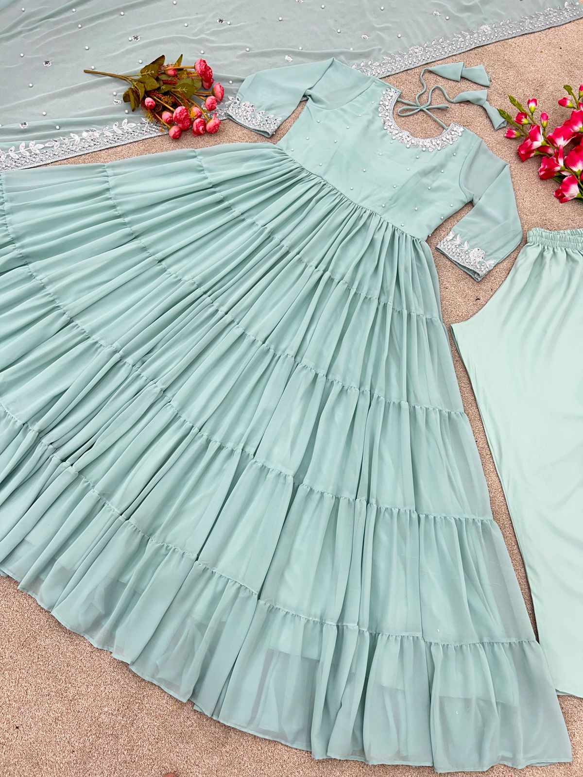 Pista Green Color Embroidery Work Ruffle Style Gown