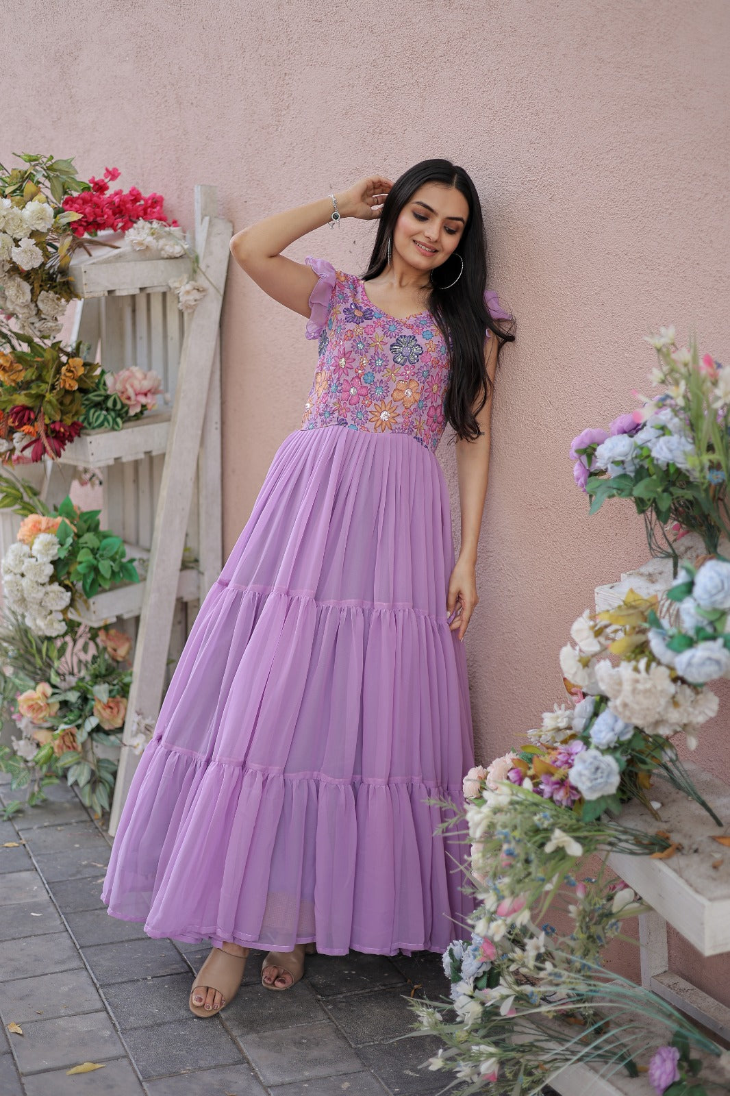 Fabulous Lavender Color Position Print Work Gown