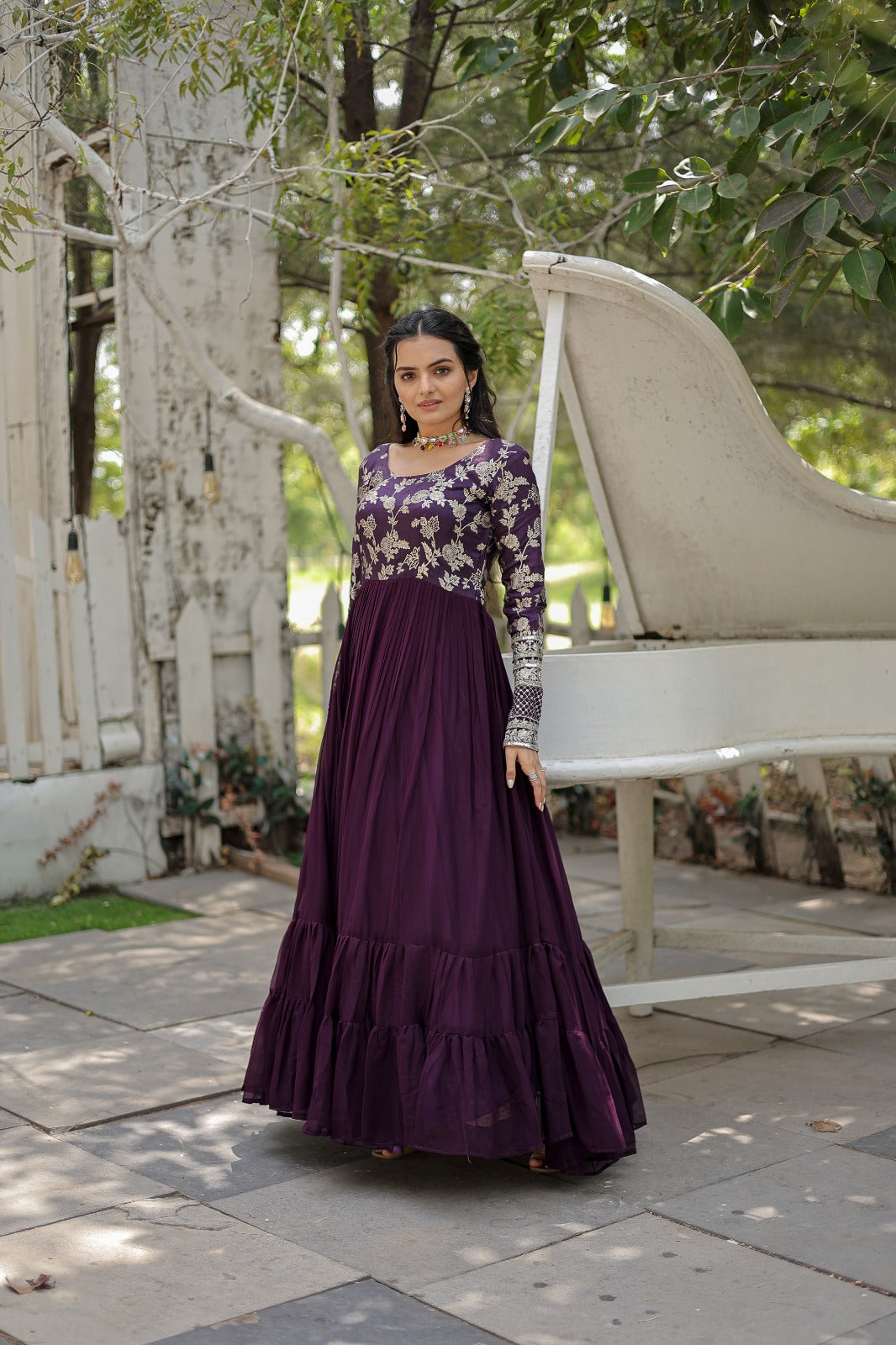 Wine Color Jacquard Embroidery Sequence Work Gown
