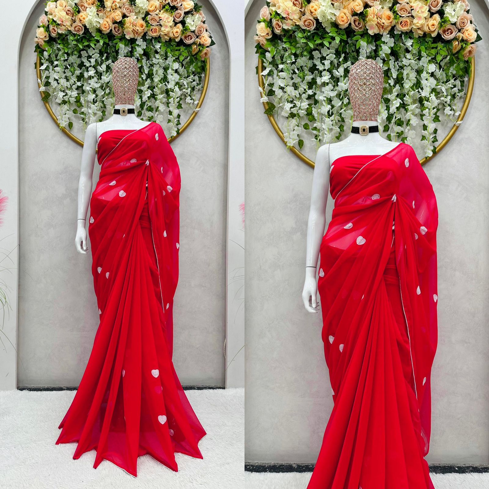 Sequence Heart Design Red Color Ready To Wear Saree