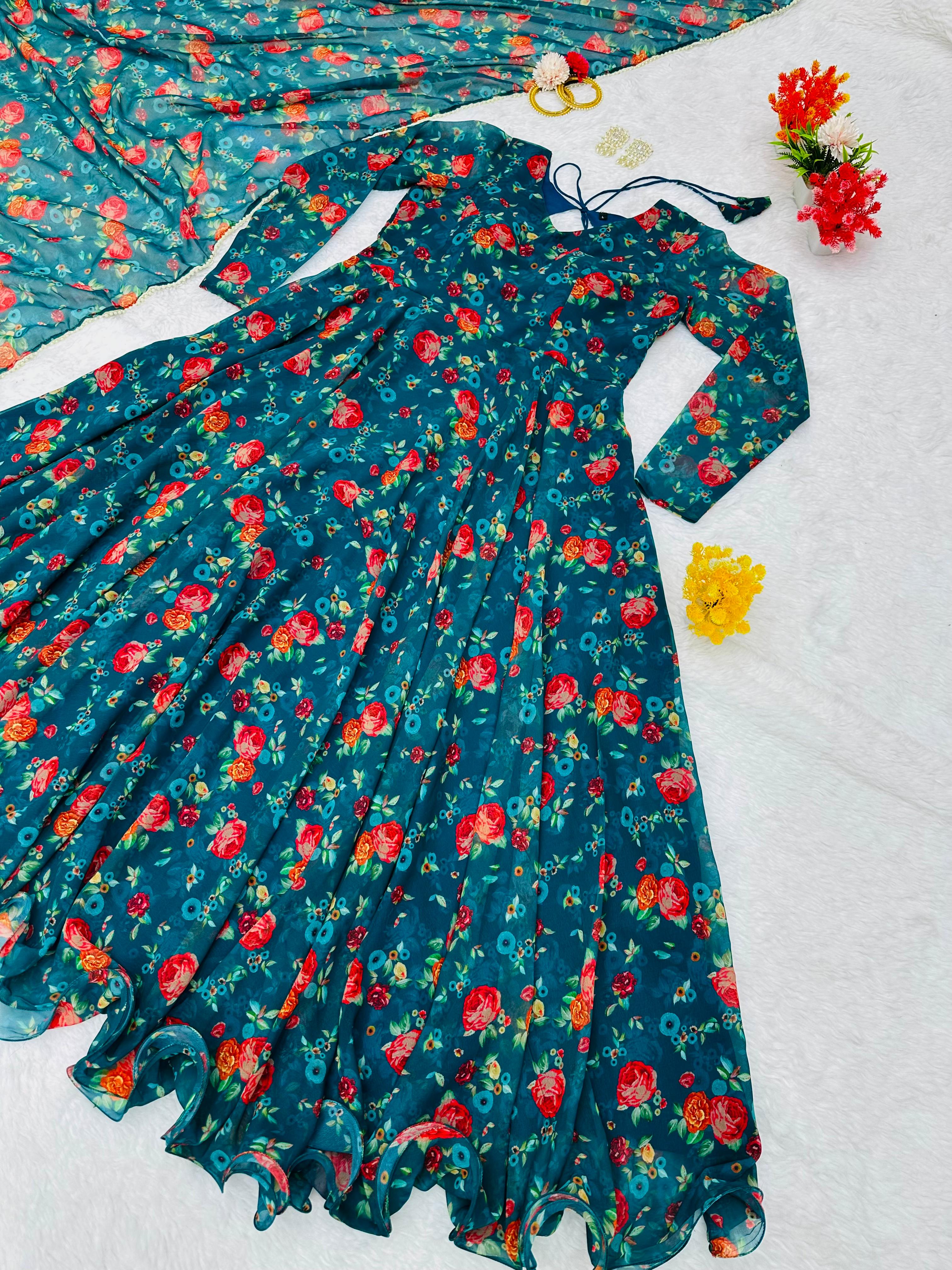 Presenting Teal Blue Color Digital Print Gown