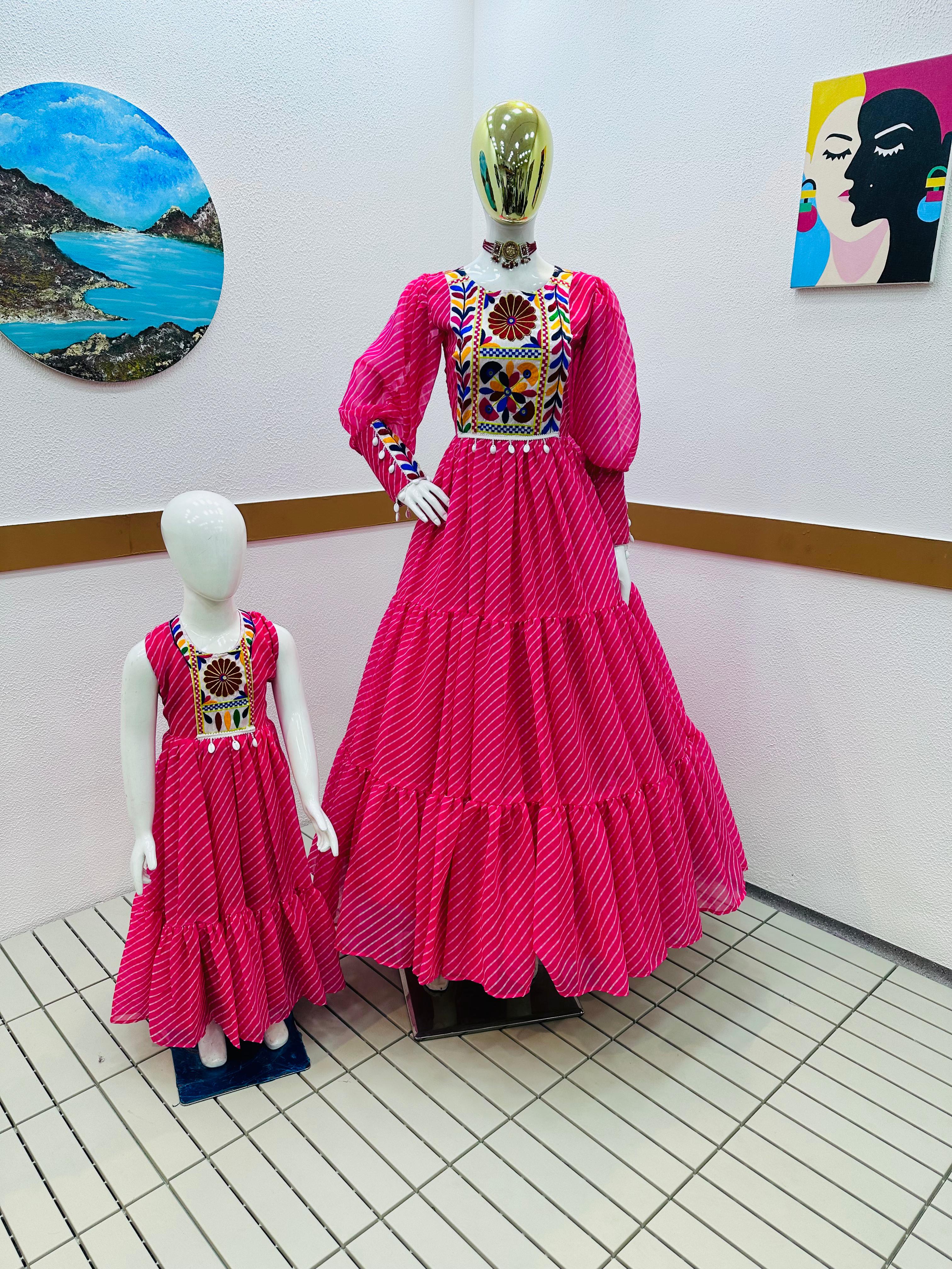Terrific Pink Color Leheriya Print Mother Daughter Gown