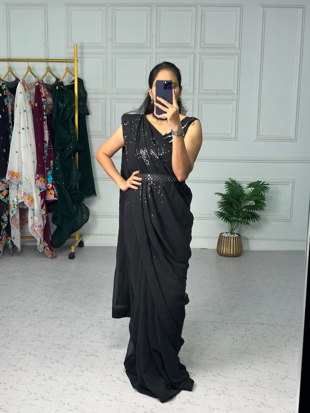 Ready To Wear Black Color Sequence Work Saree