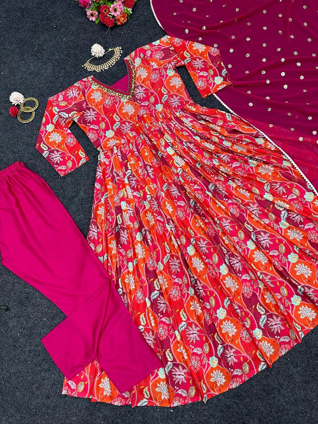 Presenting Multi Design Pink Color Anarkali Suit