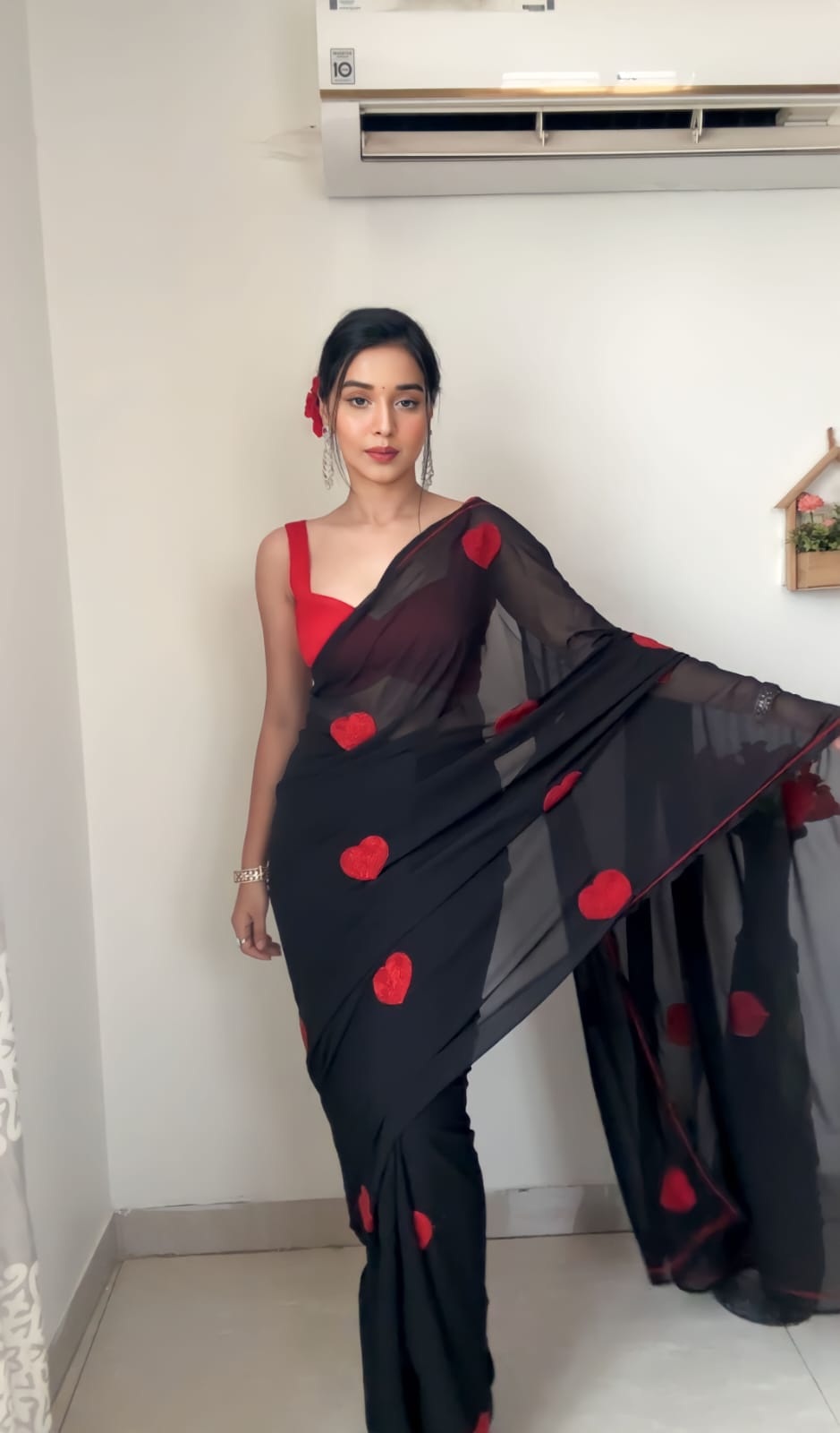 Fashionable Black Color Ready To Wear Heart Design Saree