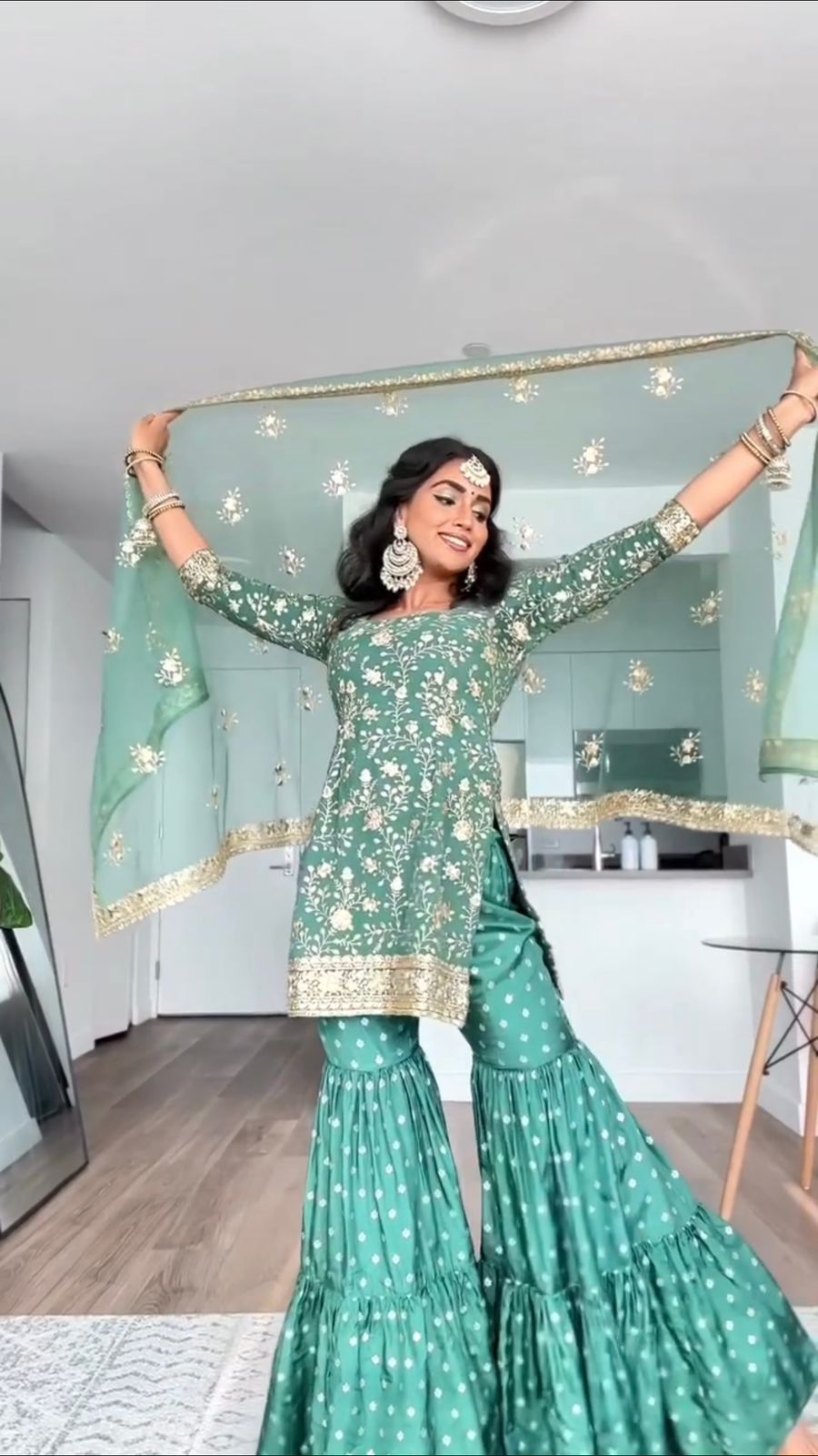 Decent Aqua Green Thread Sequence Work Sharara Suit