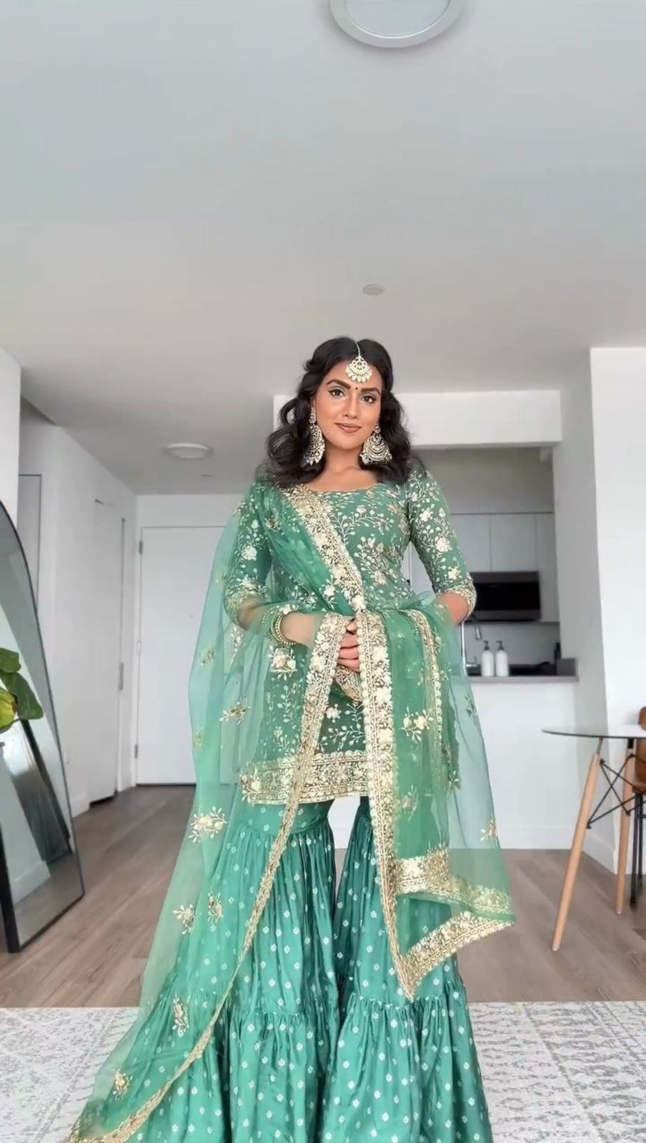 Decent Aqua Green Thread Sequence Work Sharara Suit