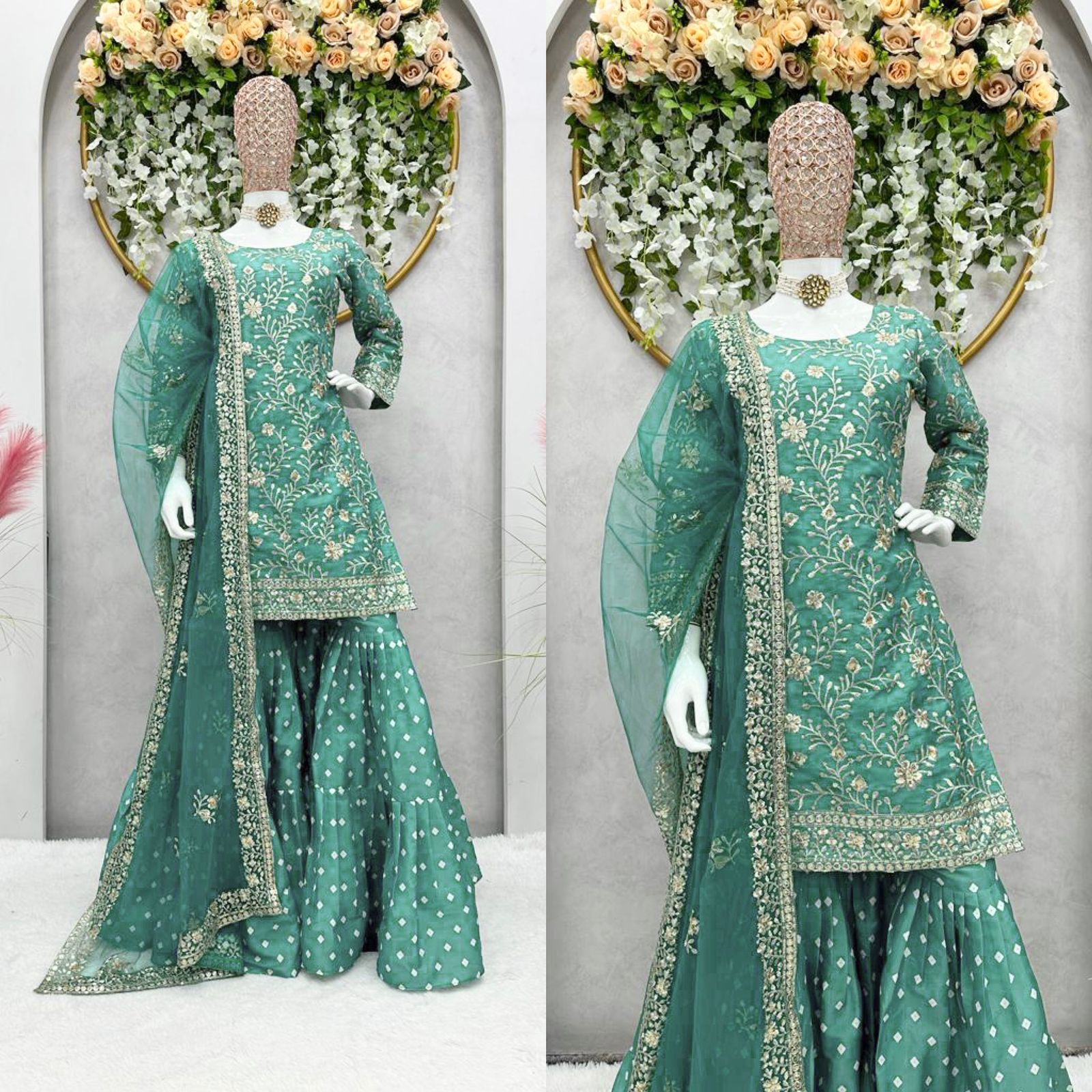 Decent Aqua Green Thread Sequence Work Sharara Suit