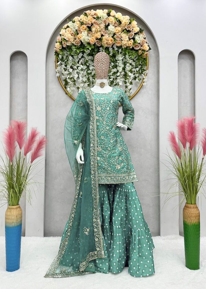 Decent Aqua Green Thread Sequence Work Sharara Suit