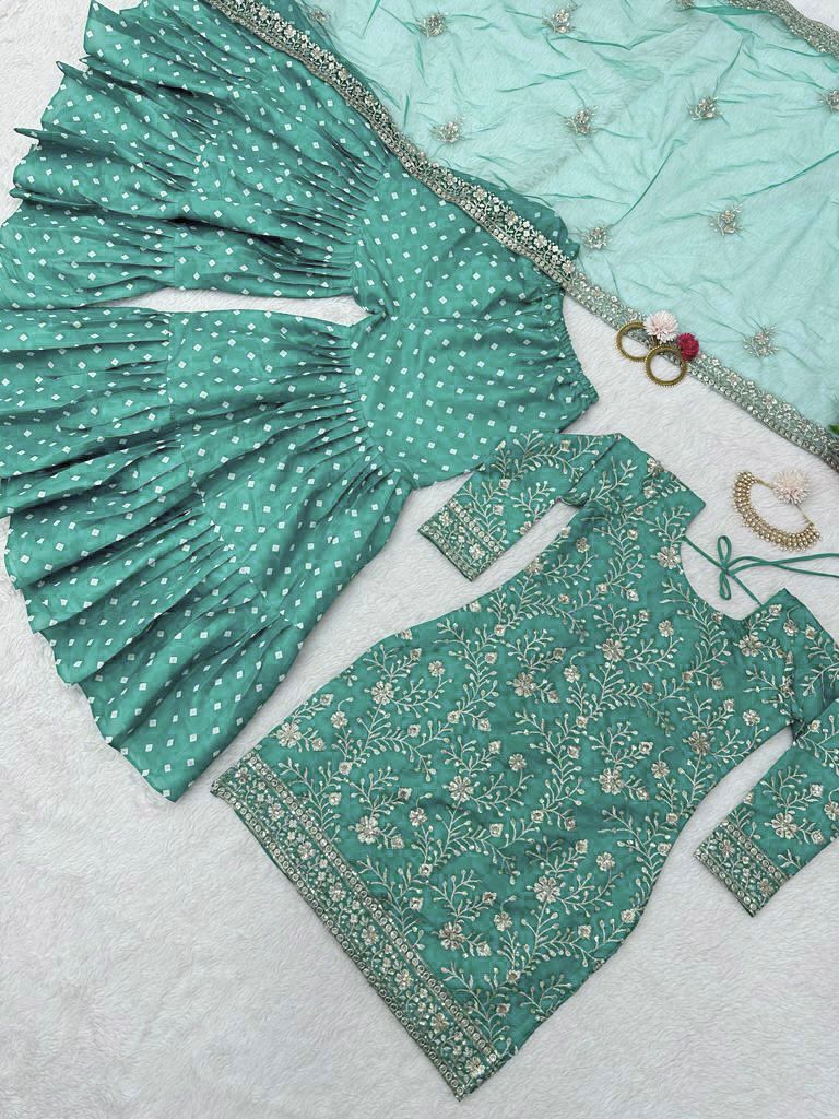 Decent Aqua Green Thread Sequence Work Sharara Suit