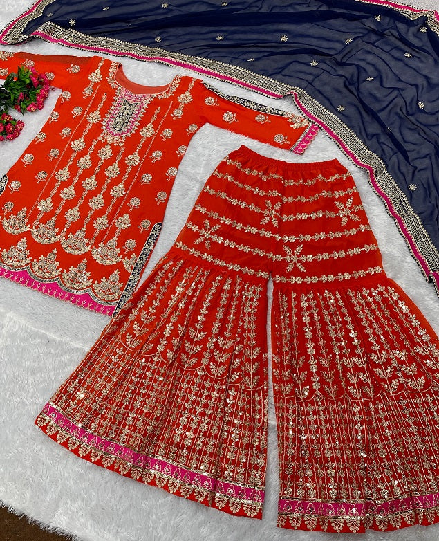 Orange Color Sequence Work Pakistani Sharara Suit