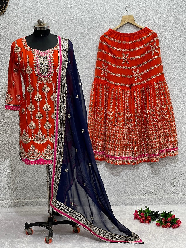 Orange Color Sequence Work Pakistani Sharara Suit