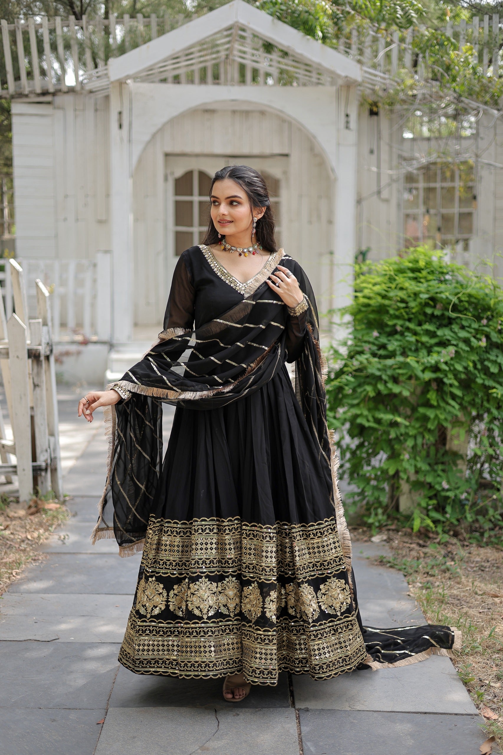 Fashionable Black Color Gown With Work Dupatta