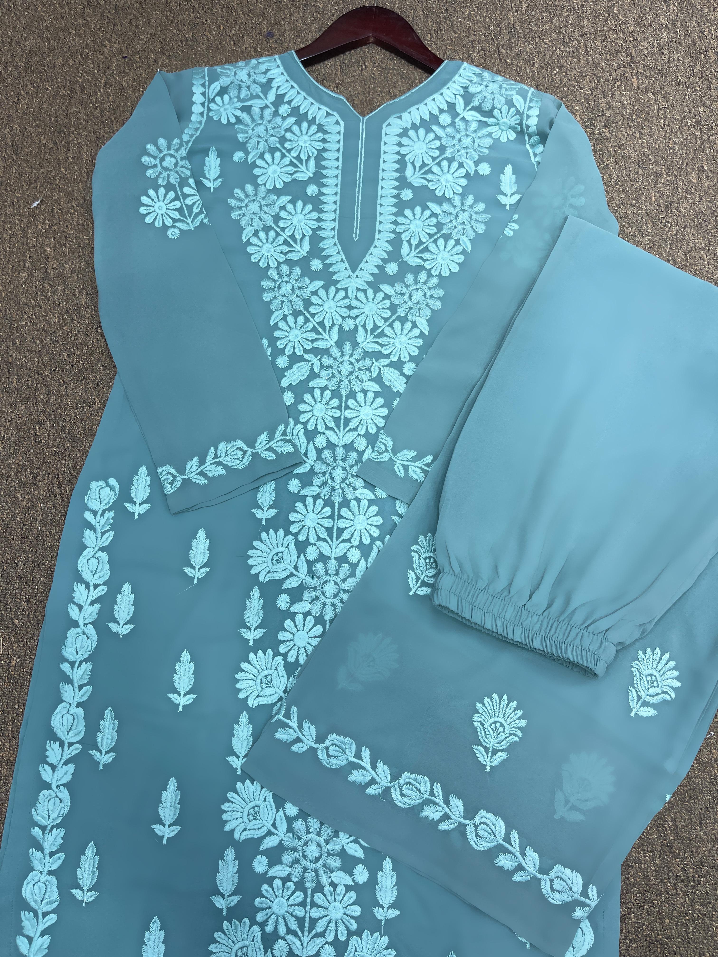 Thread Embroidery Work Sky Blue Long Kurti With Plazzo