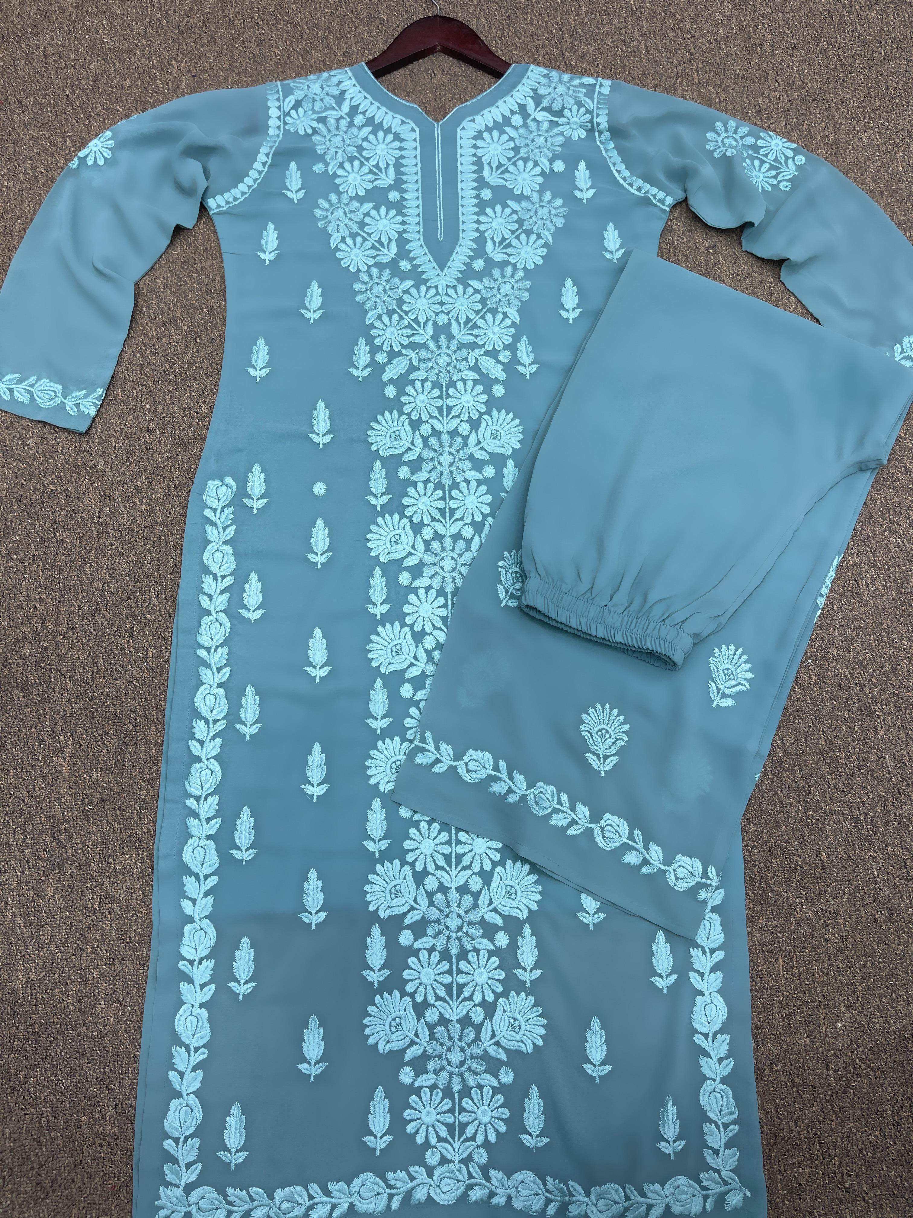 Thread Embroidery Work Sky Blue Long Kurti With Plazzo