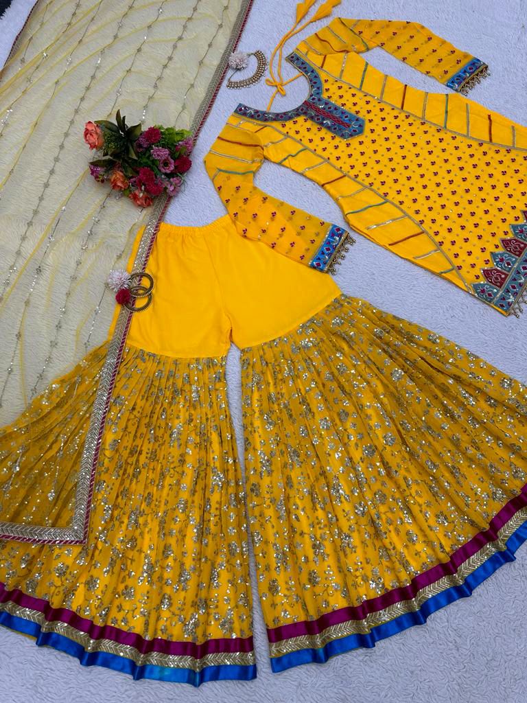 Pretty Thread Sequence Work Yellow Color Sharara Suit