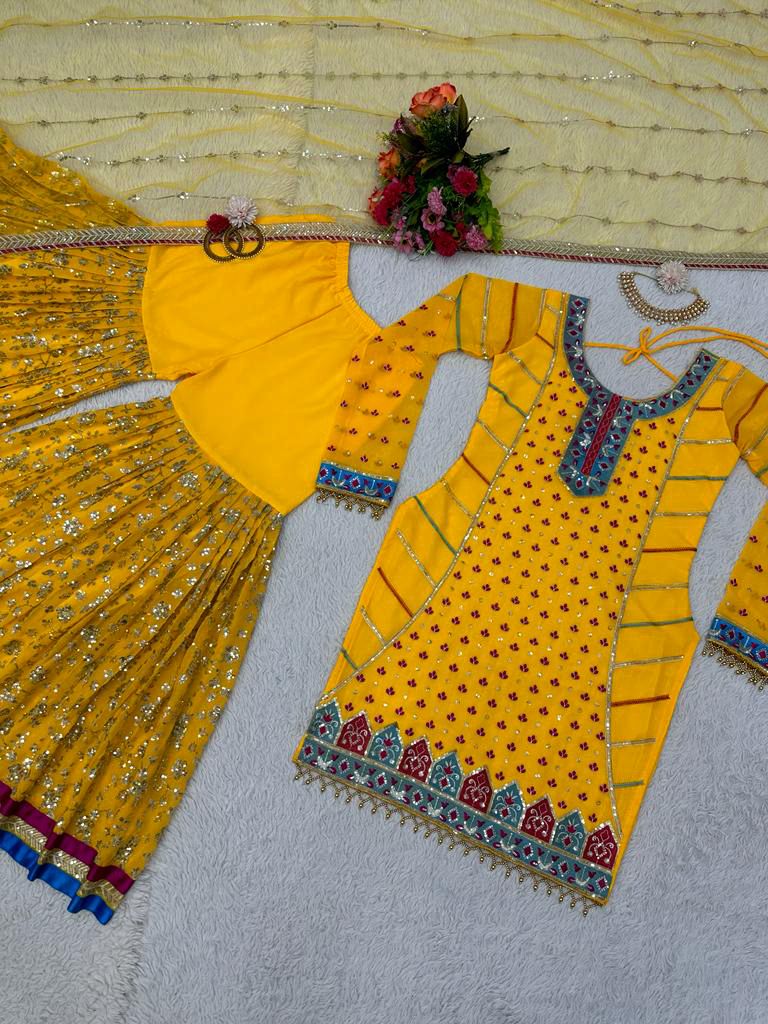 Pretty Thread Sequence Work Yellow Color Sharara Suit