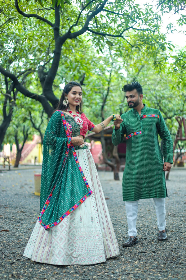 White and Green Bandhani Print Couple Dress Combo