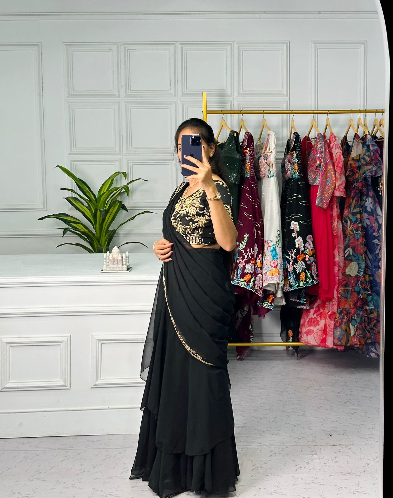 Pretty Black Color Embroidery Work Lehenga Saree