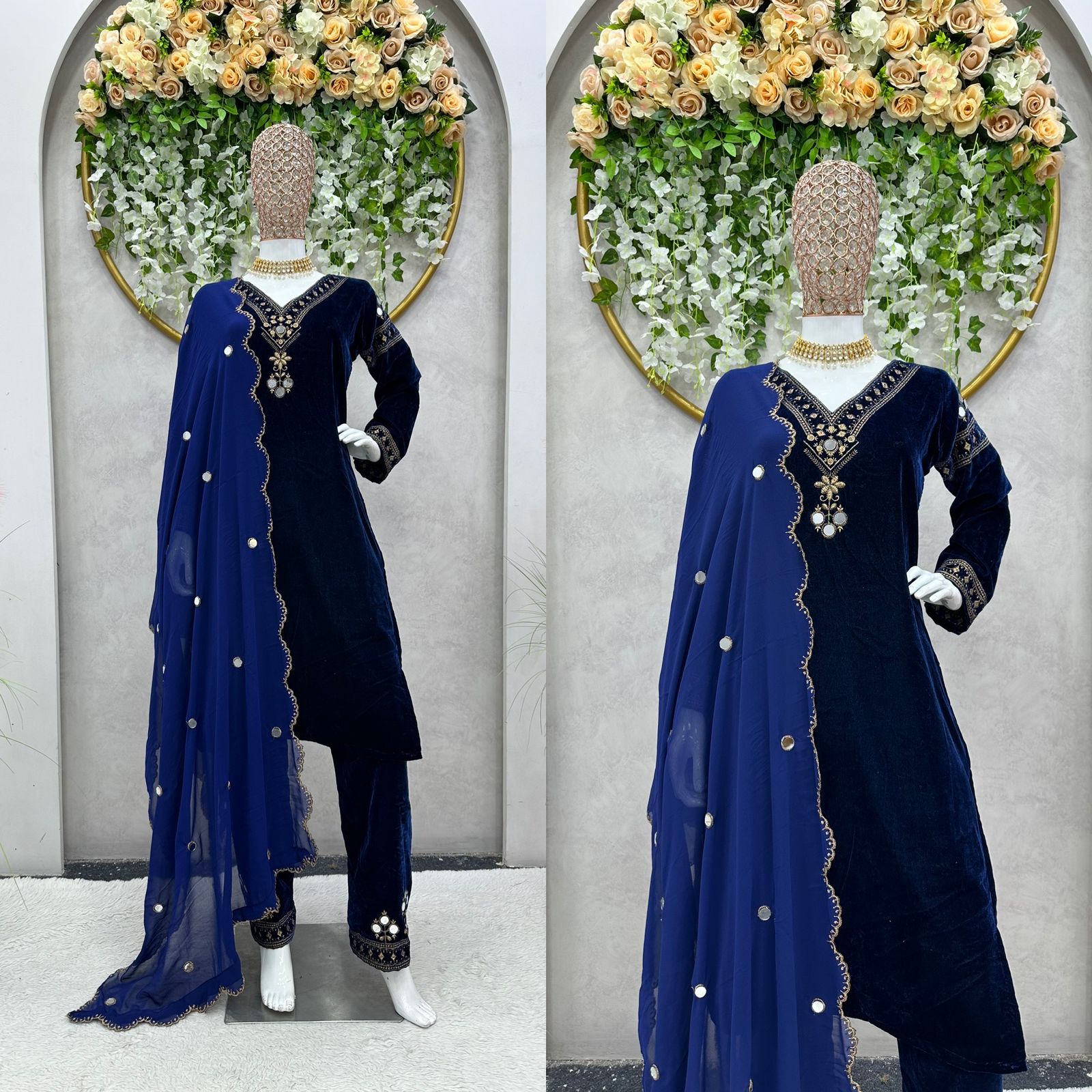 Navy Blue Color Alia Bhatt Wear Velvet Salwar Suit