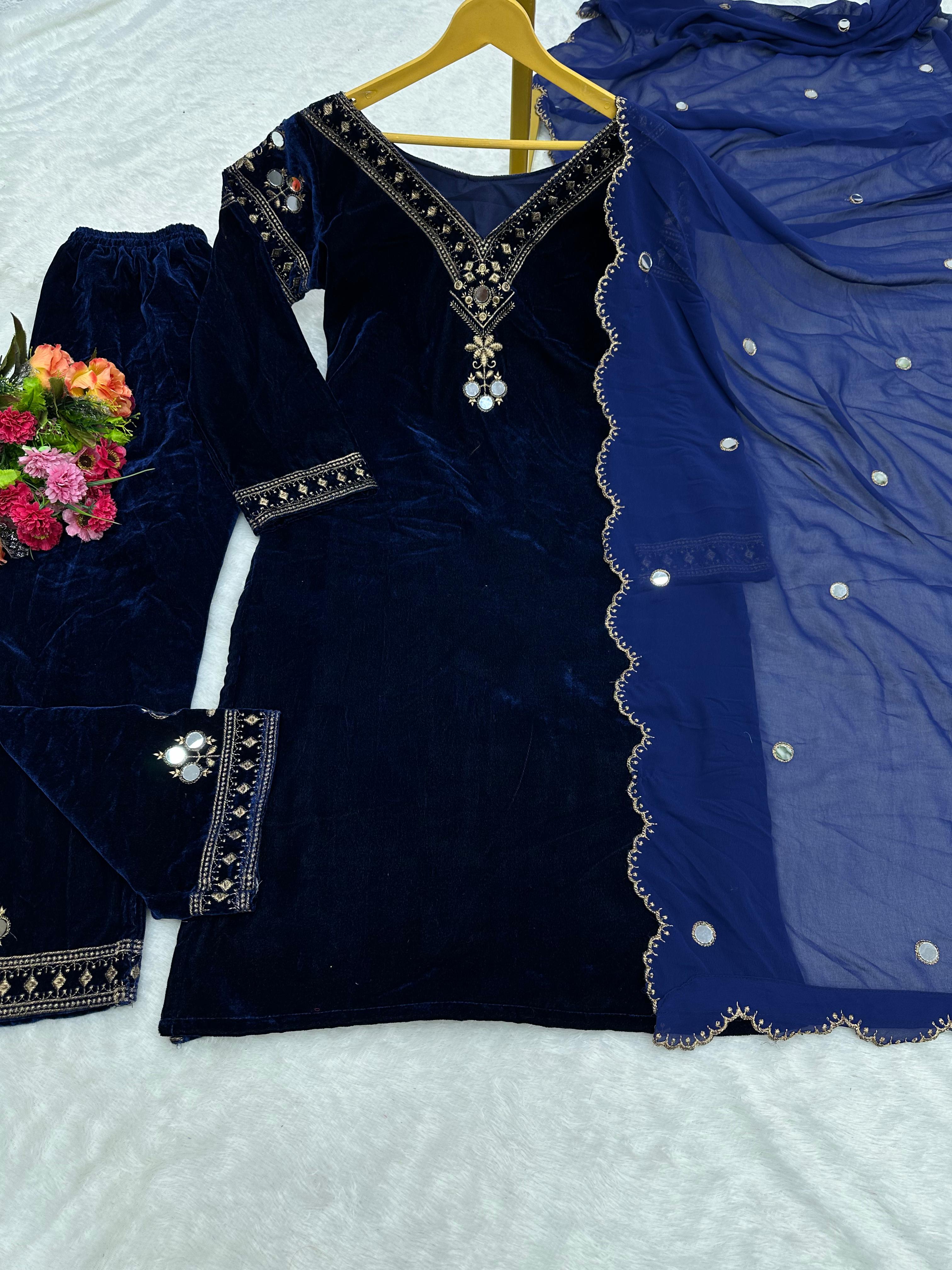 Navy Blue Color Alia Bhatt Wear Velvet Salwar Suit