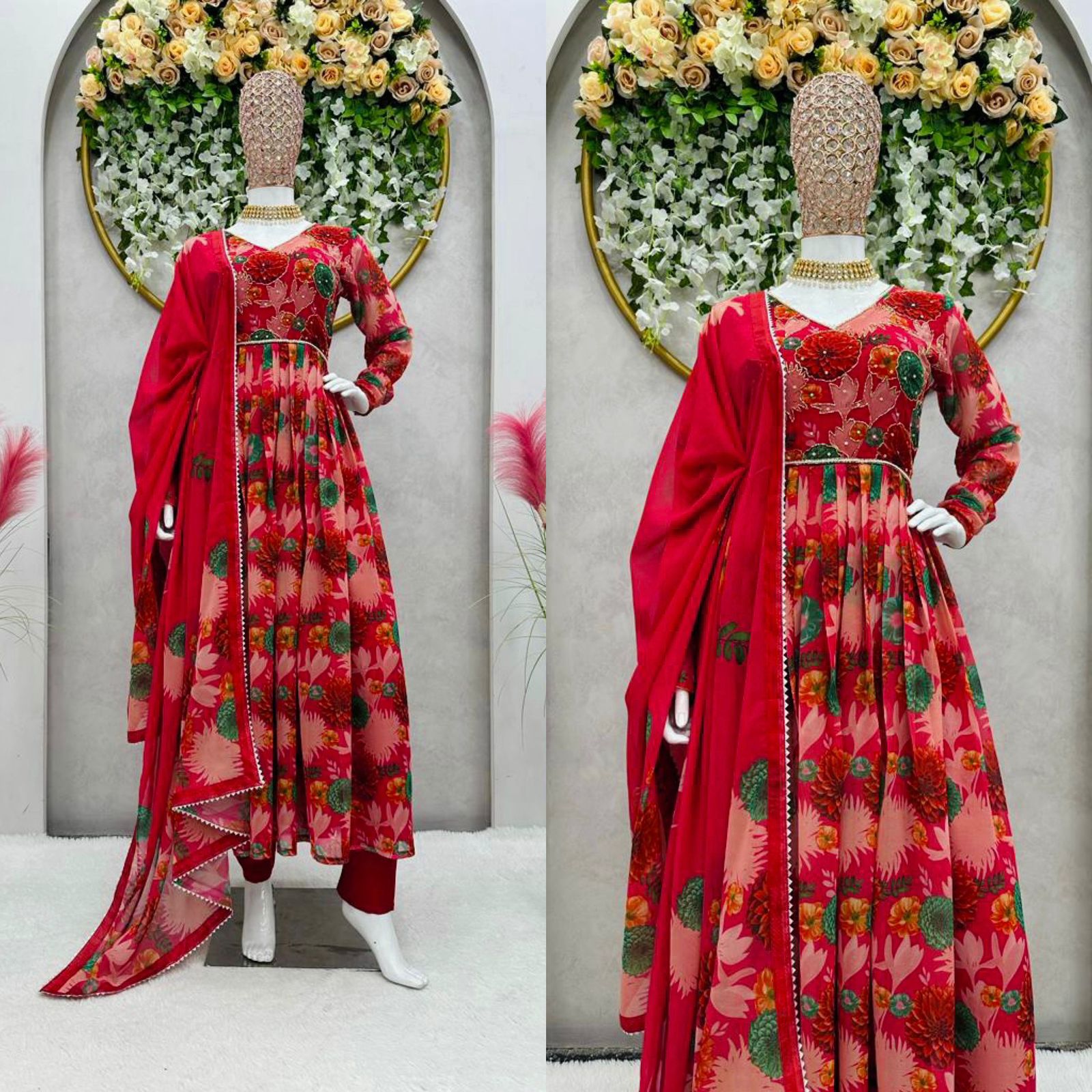 Precious Hand Work Digital Print Red Color Kurti Set