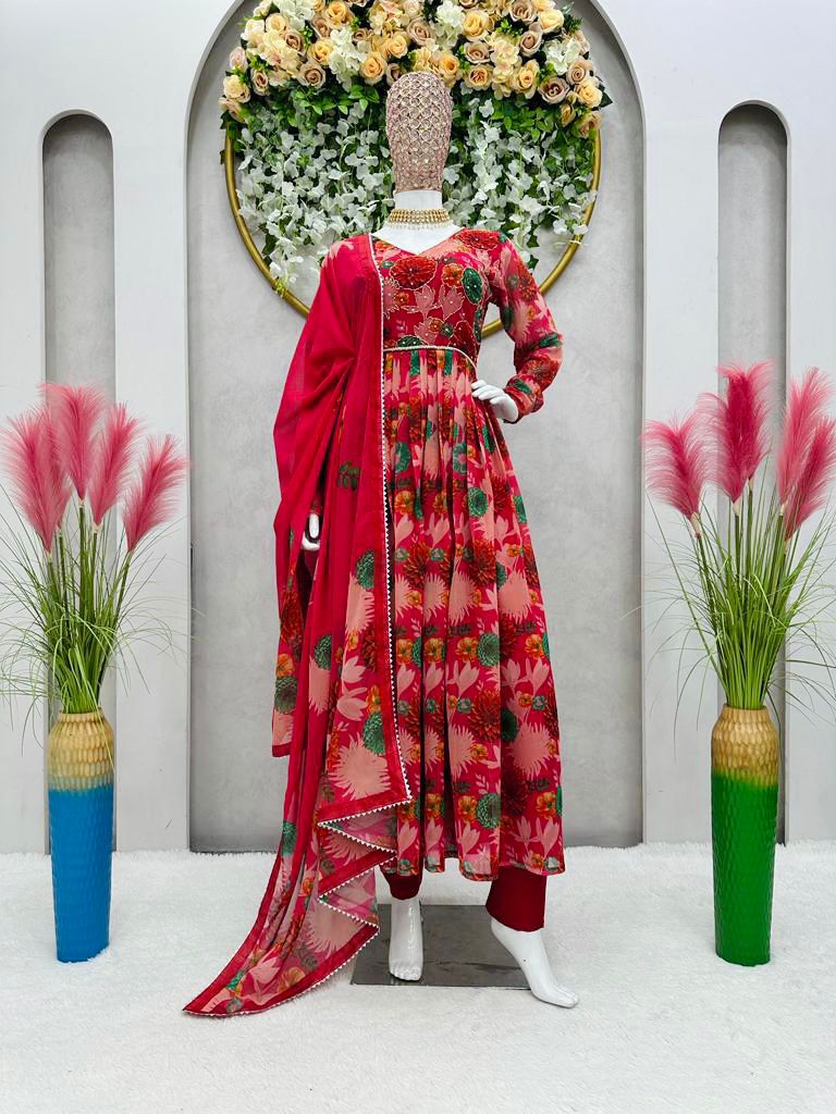 Precious Hand Work Digital Print Red Color Kurti Set